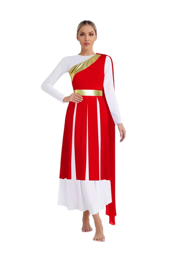 Women's Lyrical Liturgical Worship Praise Dance Dress Metallic One Shoulder Overlays Tunic Dress Dancewear Red S