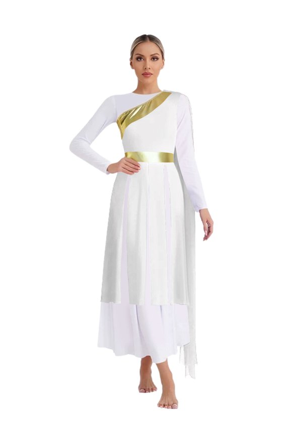Women's Lyrical Liturgical Worship Praise Dance Dress Metallic One Shoulder Overlays Tunic Dress Dancewear White S