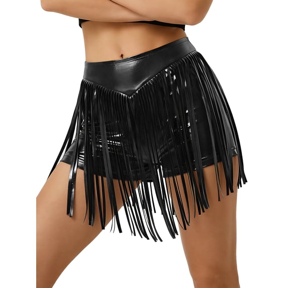 Doomiva Women's Metallic Booty Shorts Shiny Cheeky High Waisted Fringed Bottoms Hot Pants Black XXL
