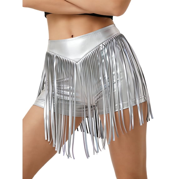 Doomiva Women's Metallic Booty Shorts Shiny Cheeky High Waisted Fringed Bottoms Hot Pants Silver M