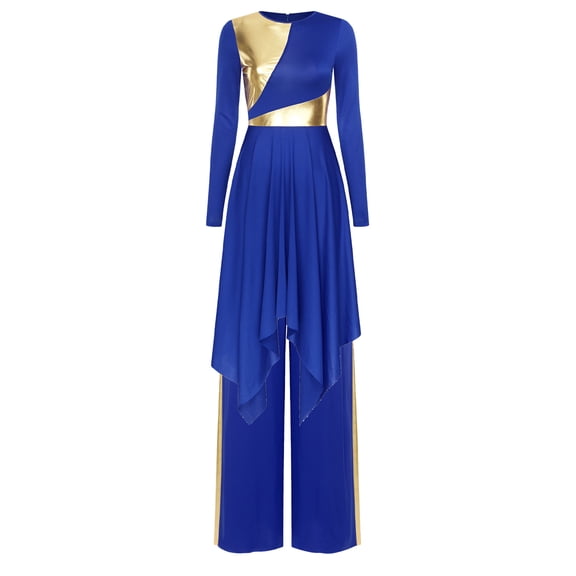 Doomiva Women's Metallic Color Block Irregular Liturgical Praise Dance Dress   Wide Leg Pants Set Blue M