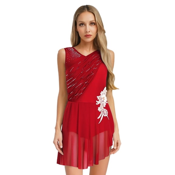 Doomiva Women's Modern Lyrical Dance Dress Ballet Dancewear High-Low Mesh Skirted for Figure Skating Burgundy XXL