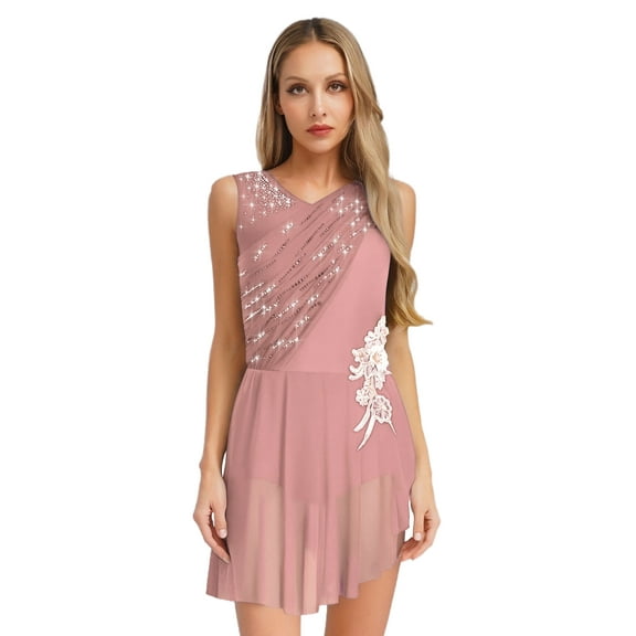 Doomiva Women's Modern Lyrical Dance Dress Ballet Dancewear High-Low Mesh Skirted for Figure Skating Dusty Pink L