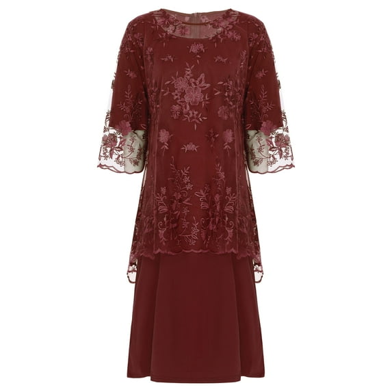 Doomiva Women's Plus Size Dresses Lace Short Sleeve Midi Dress Cocktail Two-Piece Set Burgundy L