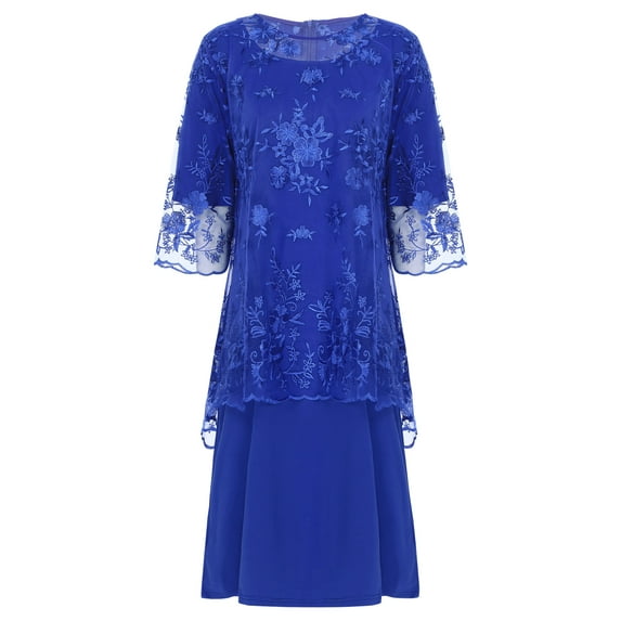 Doomiva Women's Plus Size Dresses Lace Short Sleeve Midi Dress Cocktail Two-Piece Set Royal Blue XXL