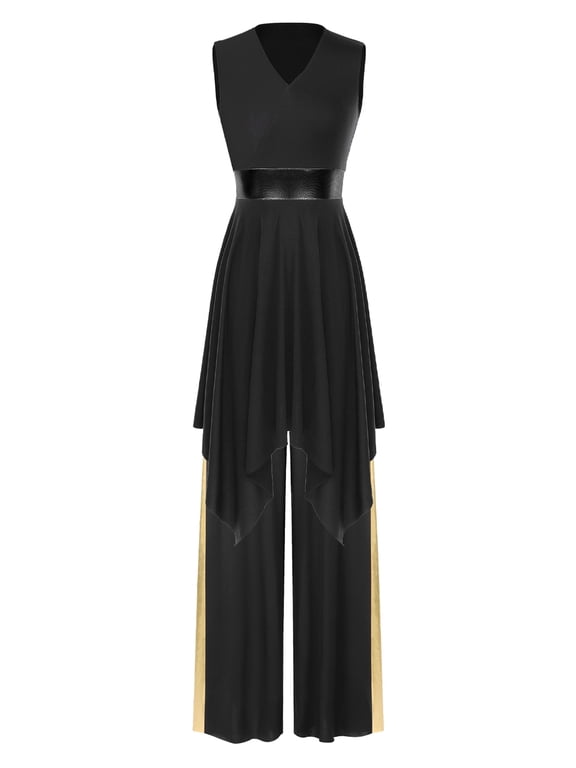Women's Praise Dance Outfits Tunic Dress with Wide Lag Pants Black L