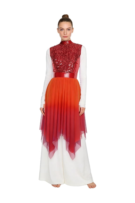 Women's Praise Dance Tunic Overlays Dress Sequin Color Block Irregular Hem Liturgical Dancewear Red XXL