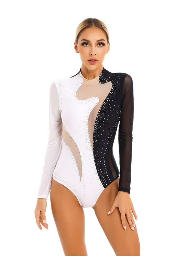Women's Rhinestone Gymnastics Dance Leotard Long Sleeve Figure Skating Dance Bodysuit Black&White L