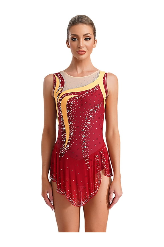 Women's Rhinestone Gymnastics Leotard Athletic Figure Ice Skating Dress Burgundy S
