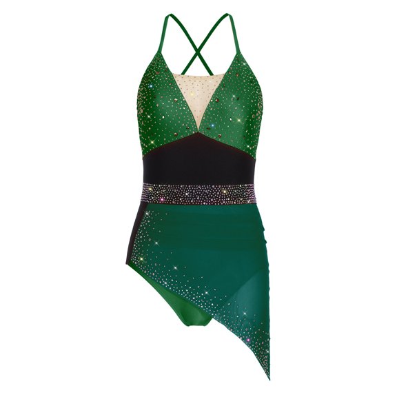 Doomiva Women's Rhinestone Gymnastics Leotard Figure Skating Sling Bodysuit Latin Tango Lyrical Ballet Dress Dark Green L