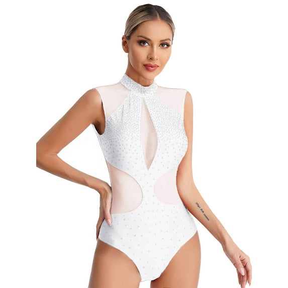 Doomiva Women's Rhinestones Bodysuit Cutout Back Gymnastic Ballet Dance Leotard Figure Skating Dancewear White XL
