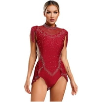 Doomiva Women's Rhinestones Fringe Gymnastics Leotard Unitards Rhythmic Gymnastics Dancewear Burgundy XXL