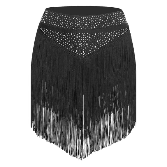 Doomiva Women's Rhinestones Tassels Dance Skirt Elastic Fringed Mini Skirts for Latin Jazz Dancewear Black L