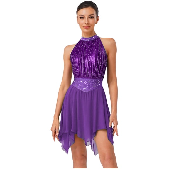 Doomiva Women's Ruched Metallic Glittery Lyrical Dance Dress Ballet Leotard Figure Skating Dress Purple L