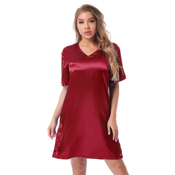 Doomiva Women's Satin Nightgown V-Neck Short Sleeve Sleepshirts Nightdress Comfy Pajama Sleepwear Burgundy XXL
