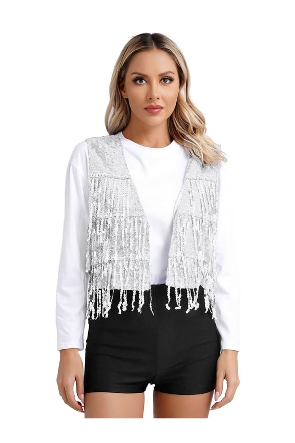 Women's Sequin Tassel Waistcoat Vests V-Neck Sleeveless Blouse Vest Silver L