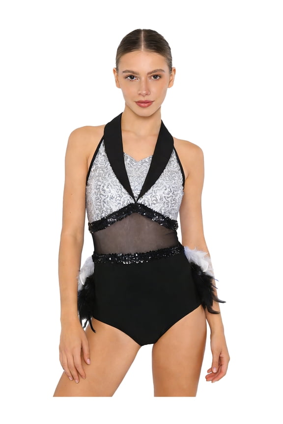 Women's Sequins Feathers Leotard Modern Contemporary Dance Dress Salsa Rumba Jazz Dance Bodysuit Tops White S