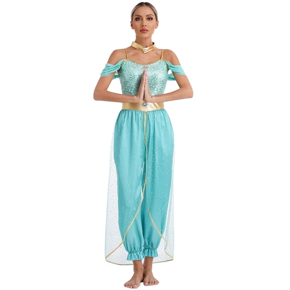 Doomiva Women's Sequins Off The Shoulder Dancing Bodysuit Belly India Dance Outfits Turquoise M