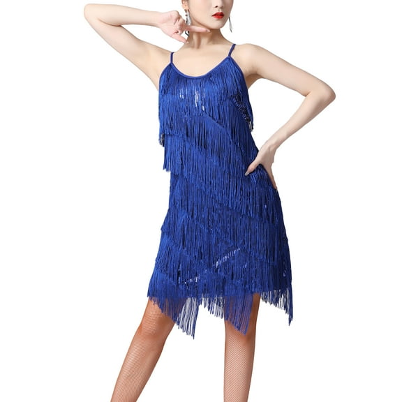 Doomiva Women's Sequins Tassel Dance 1920s Flapper Cocktail Party Dress Latin Ballroom Dance Dress RoyalBlue M