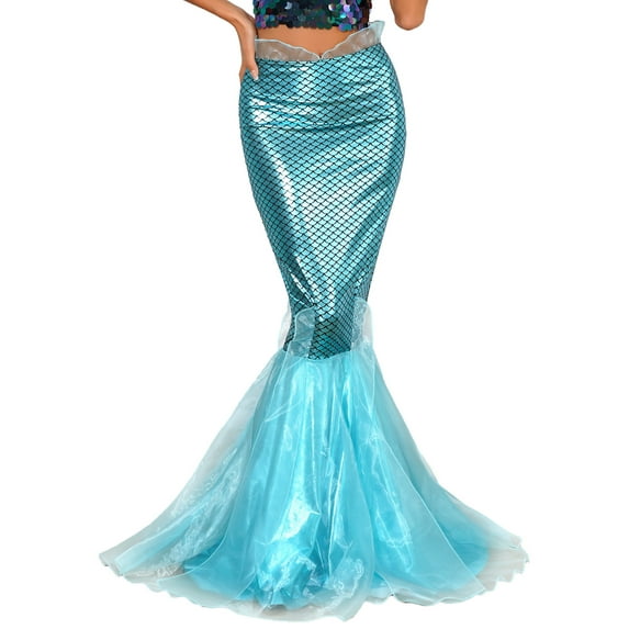 Doomiva Women's Shiny High Waisted Mermaid Tail Party Long Maxi Skirt Blue S