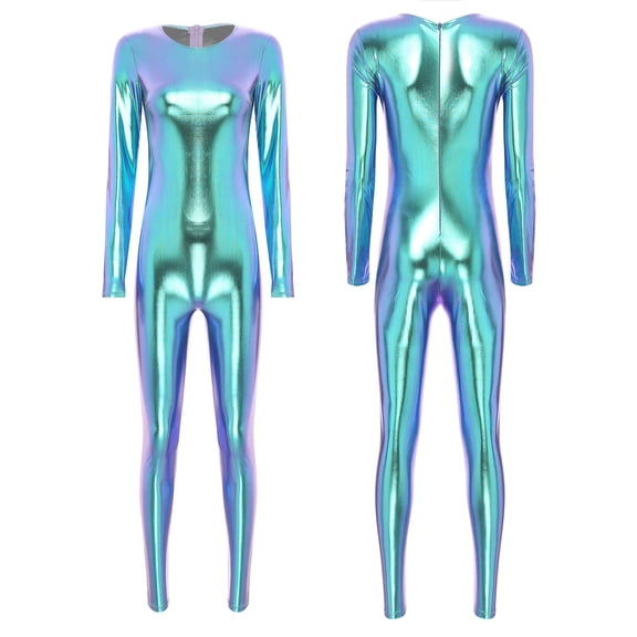 Doomiva Women's Shiny Liquid Full Body Suits Round Neck Unitard Back Zipper Catsuit Stage Costume Blue S