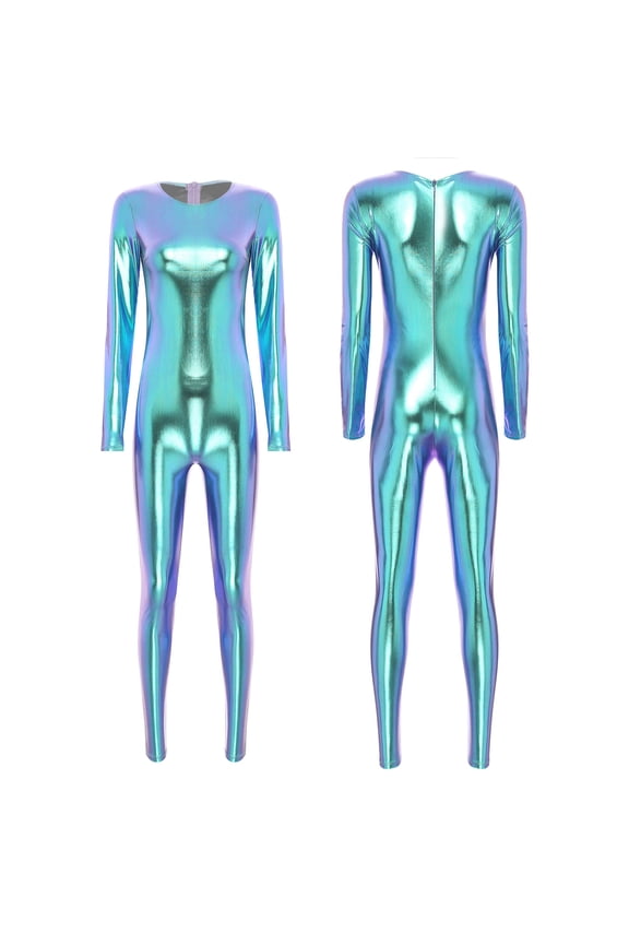 Women's Shiny Liquid Full Body Suits Round Neck Unitard Back Zipper Catsuit Stage Costume Blue XL