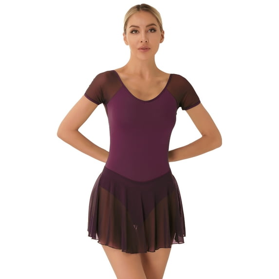 Doomiva Women's Skirted Leotards Dance Dress for Ballet Short Sleeve Leotard Ballerina Dancewear Dark Purple S