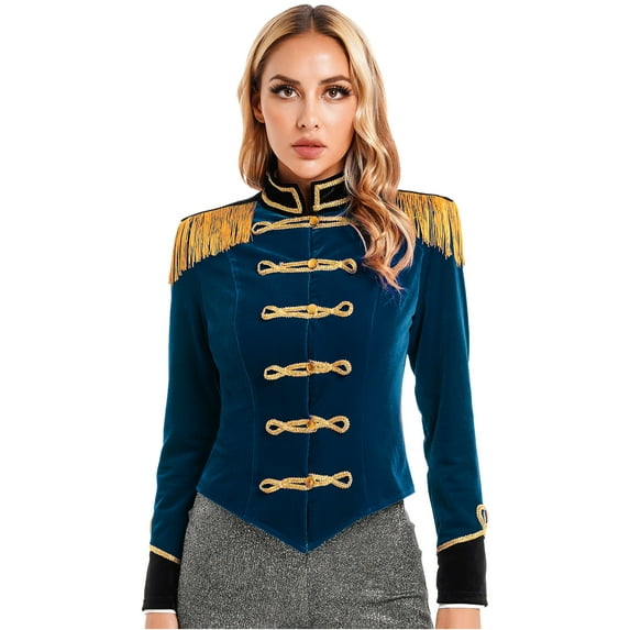 Doomiva Women's Soft Velvet Circus Ring Maaster Tailcoat Victorian Lion Tamer Jacket Coat Tops Dark Blue M