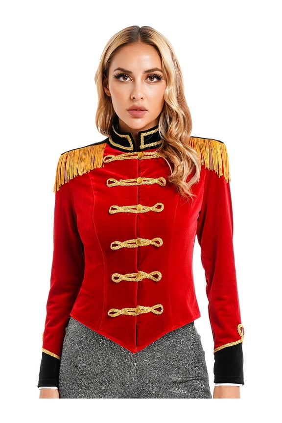 Women's Soft Velvet Circus Ring Maaster Tailcoat Victorian Lion Tamer Jacket Coat Tops Red 3XL