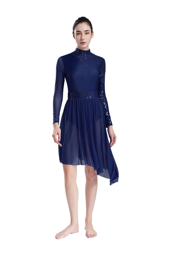 Women's Sparkly Sequin Lyrical Dance Dress Long Sleeve Tulle Skirt Leotard Contemporary Dancewear Navy Blue S