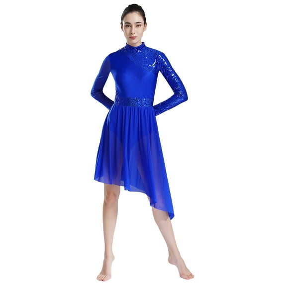 Doomiva Women's Sparkly Sequin Lyrical Dance Dress Long Sleeve Tulle Skirt Leotard Contemporary Dancewear Royal Blue M