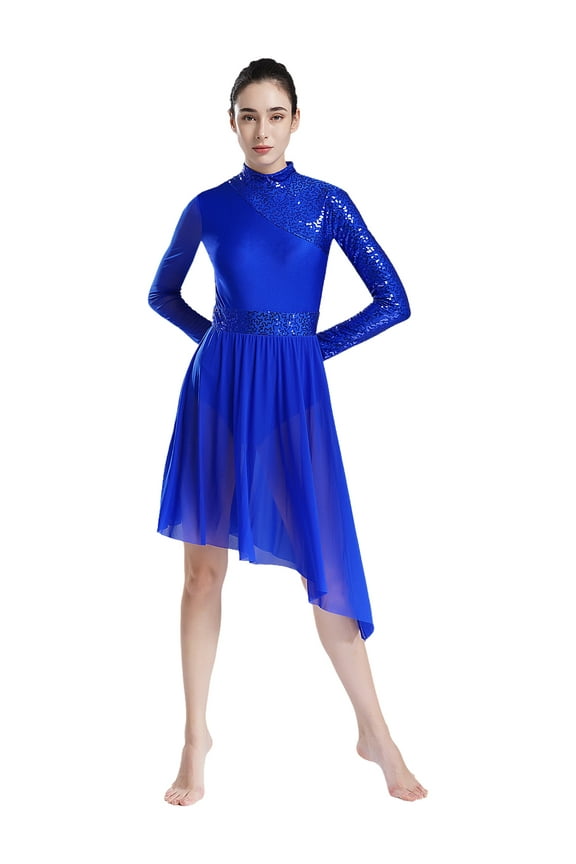 Women's Sparkly Sequin Lyrical Dance Dress Long Sleeve Tulle Skirt Leotard Contemporary Dancewear Royal Blue S