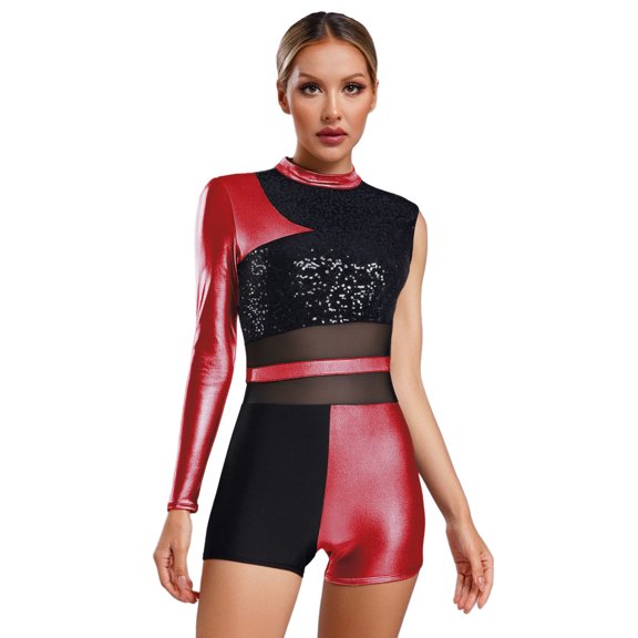 Doomiva Women's Sparkly Sequin Rumba Salsa Jazz Latin Dance Leotard Metallic Shiny Gymnastics Unitards Red M