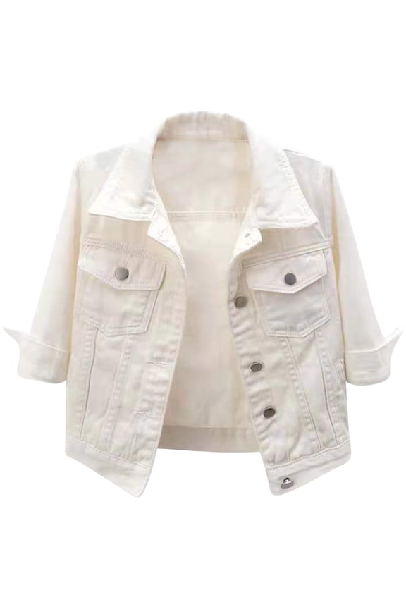 Womens 3/4 Sleeve Short Denim Jacket Lapel Button Down Cropped Trucker Jean Jackets Coats White XL
