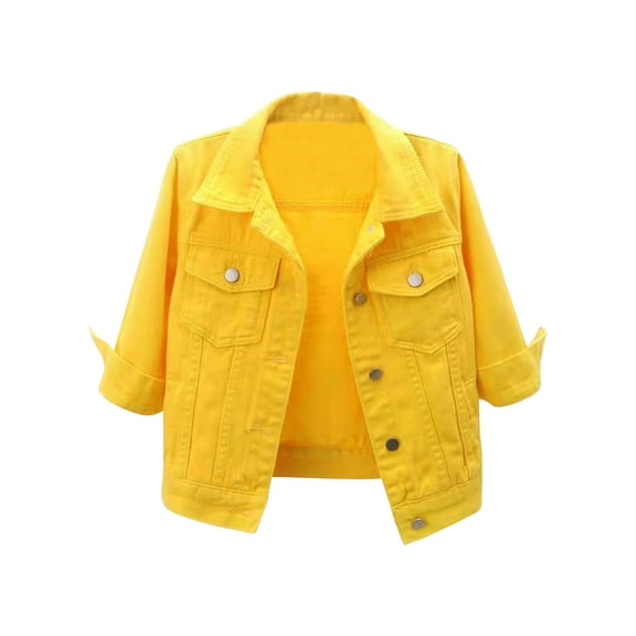 Doomiva Womens 3/4 Sleeve Short Denim Jacket Lapel Button Down Cropped Trucker Jean Jackets Coats Yellow XL