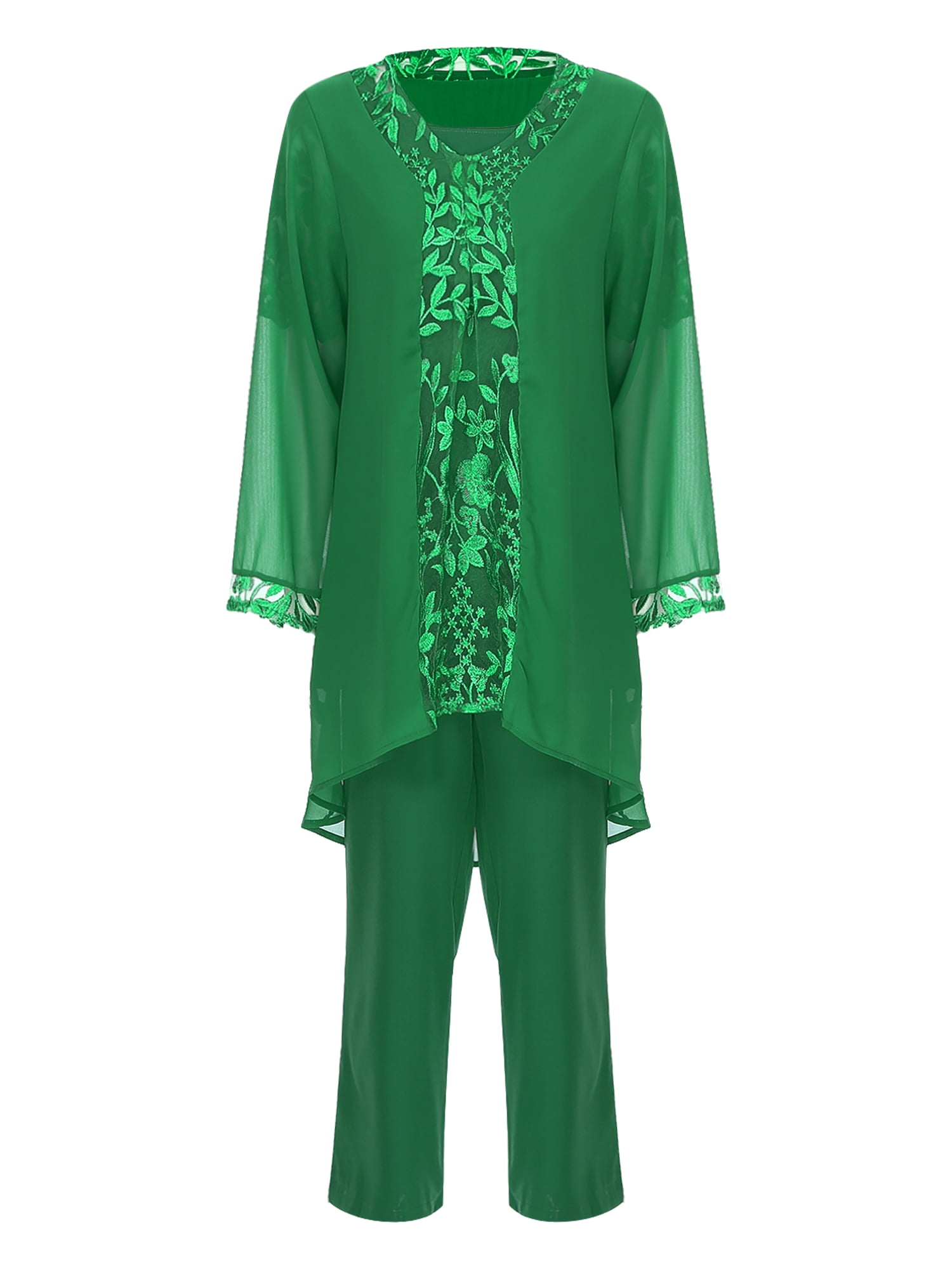 Doomiva Womens 3 Piece Wedding Guest Pant Suits Formal Chiffon Lace Evening Party Dressy Outfits Green XL/1XL