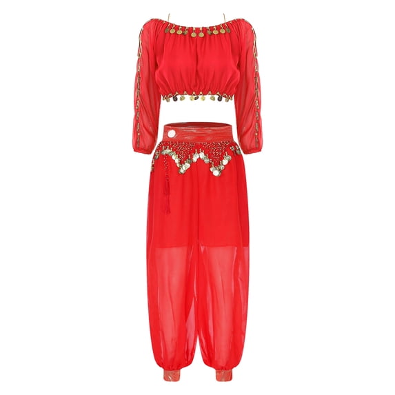 Doomiva Womens Belly Dance Outfit Chiffon Puff Long Sleeve Crop Top and Lantern Pants Dance Suit Red One Size
