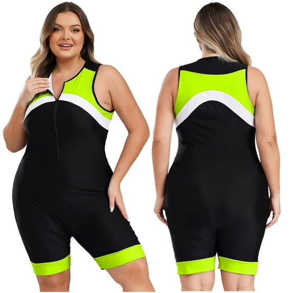 Doomiva Womens Boyshort One Piece Zipper Swimsuit Plus Size Contrast Color Bathing Suit Athletic Bodysuit Fluorescent 4XL