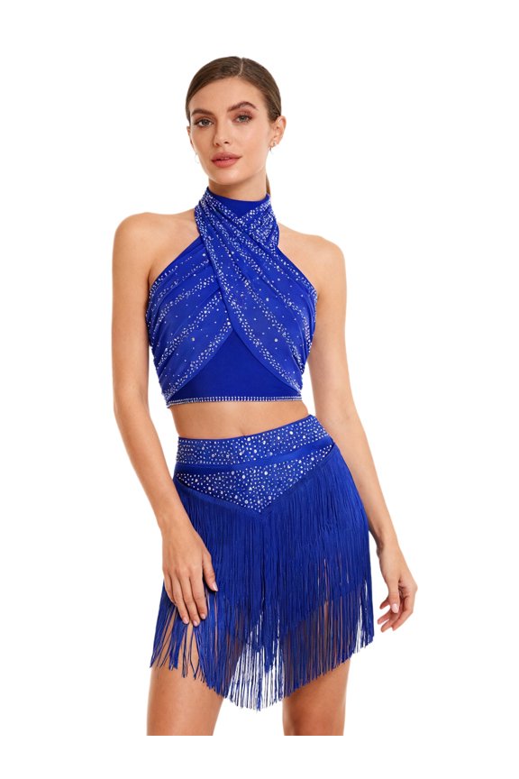 Womens Chacha Dance Outfit Halter Backless Shiny Ruched Crop Top and Tiered Tassels Skirt Blue XXL