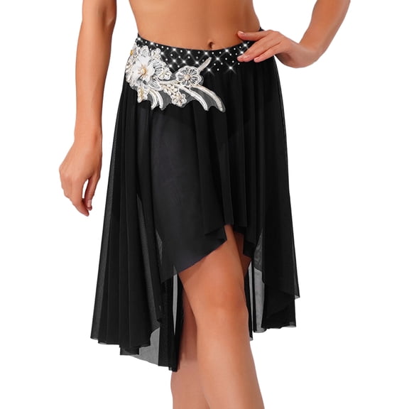 Doomiva Womens Elegant Ballroom Dance Skirt High Low Flowy Ballet Midi Skirt Practice Dancewear Black XL