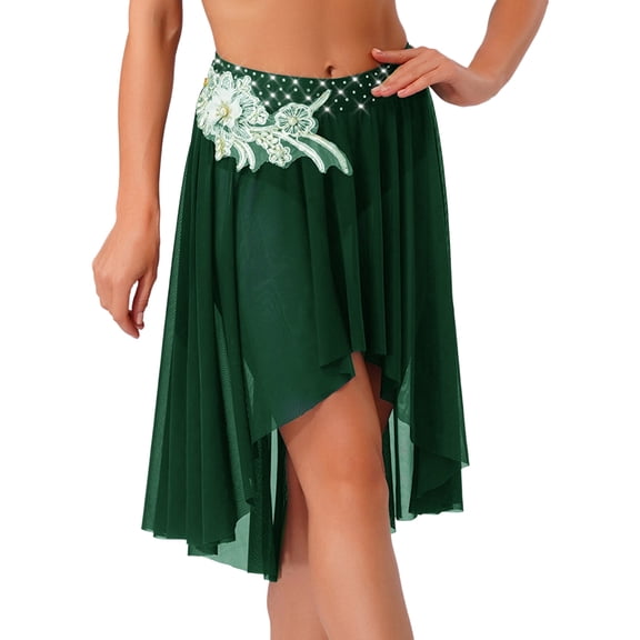 Doomiva Womens Elegant Ballroom Dance Skirt High Low Flowy Ballet Midi Skirt Practice Dancewear Dark Green S