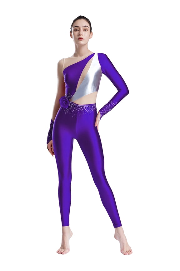Womens Full Body Unitard Ballet Jumpsuit Long Sleeve One Piece Gymnastics Dance Bodysuits Purple XXL