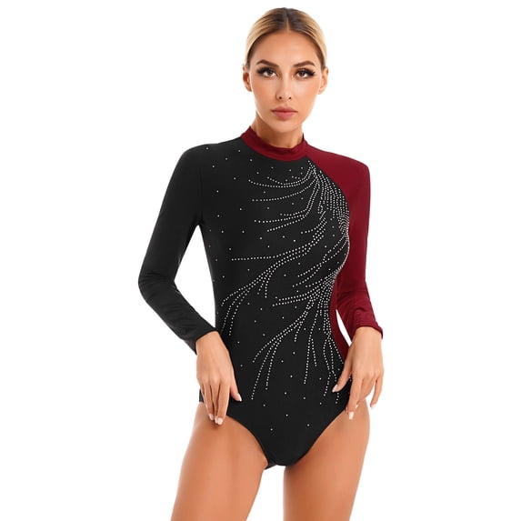 Doomiva Womens Gymnastics Ice Skating Leotard Long Sleeve Mock Neck Ballet Bodysuit Burgundy XL