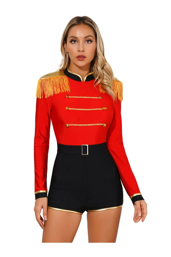Womens Halloween Circus Ringmaster Jumpsuit Costumes Long Sleeve Tassel Shoulder Cosplay Red M