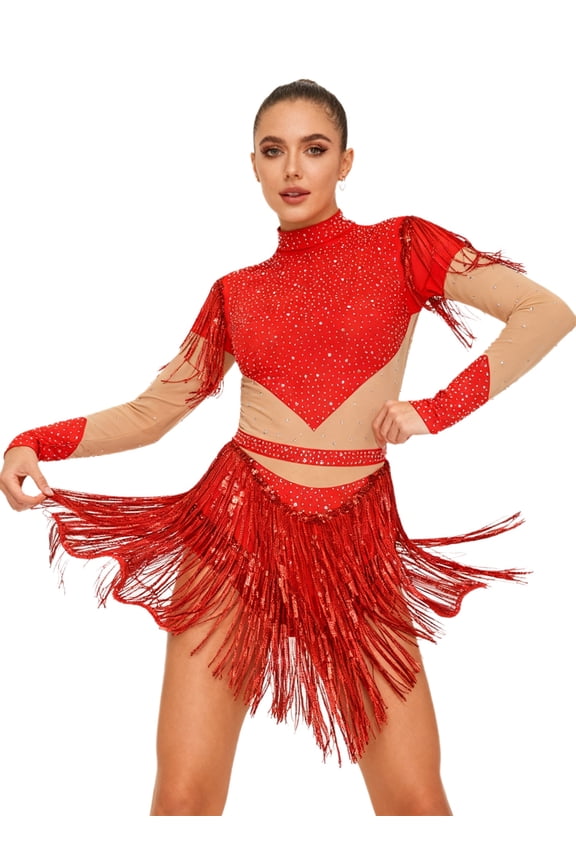 Womens Latin Ballroom Dance Dress Long Sleeve Tassel Leotard Gymnastics Figure Skating Dresses Red S