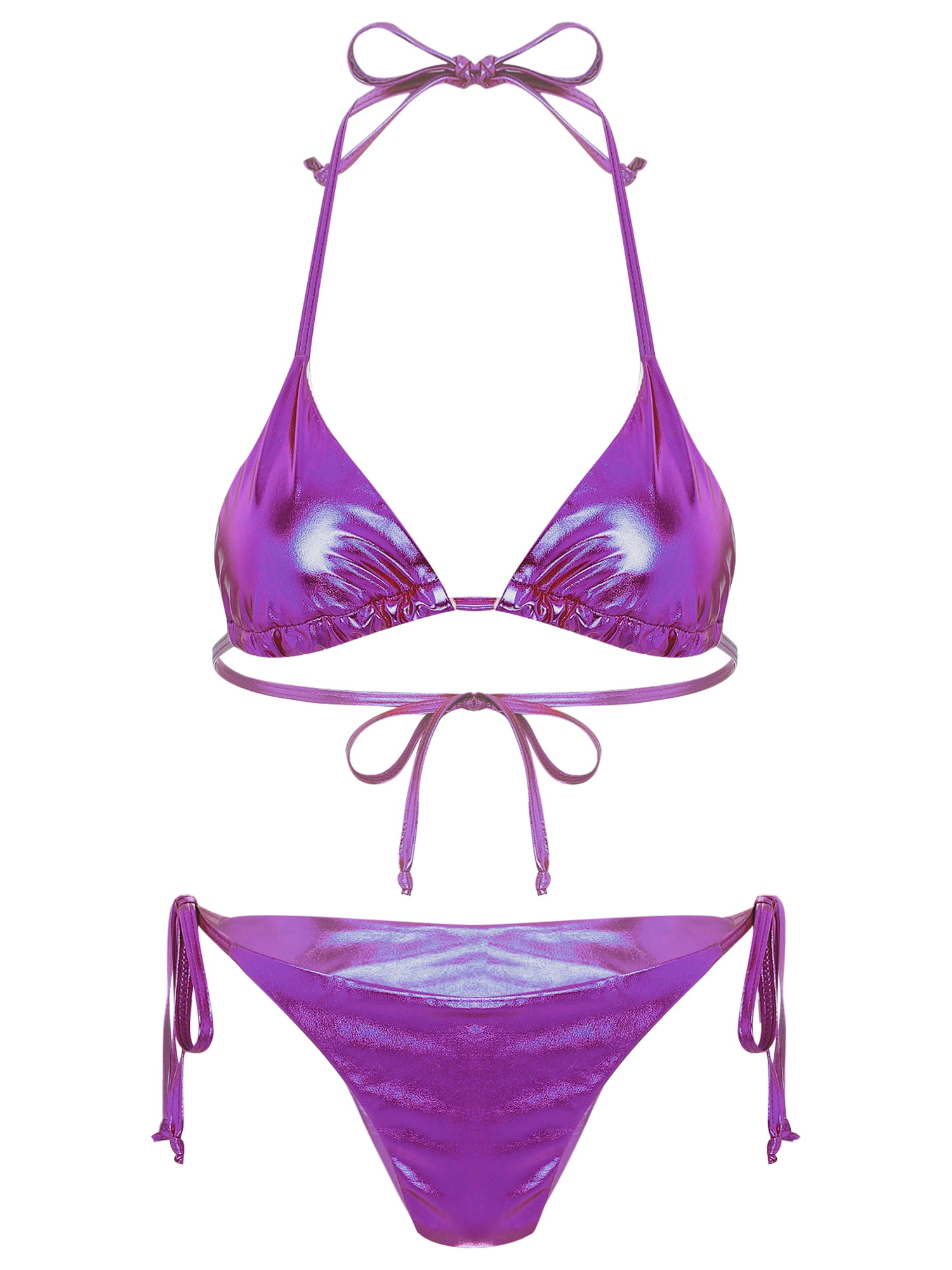 Doomiva Womens Liquid Metallic Sexy Triangle Bikini Set Shiny Two