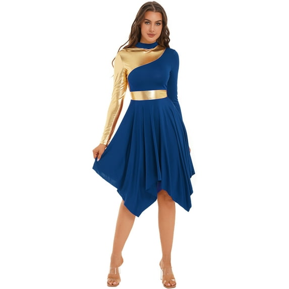 Doomiva Womens Long Sleeve Praise Dance Dress Asymmetrical Hem Liturgical Lyrical Worship Costume Blue M