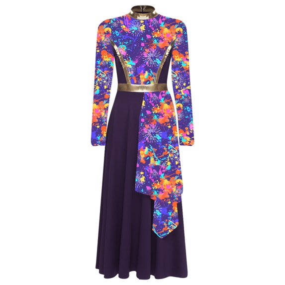Doomiva Womens Lyrical Dance Dress Mock Neck Long Sleeve Tunic High Waist Asymmetrical Dress Purple XXL