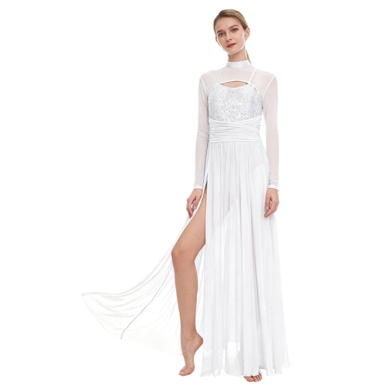 Doomiva Womens Lyrical Dance Dress Sequin Long Sleeve Tulle Flowy Maxi Long Dress White M