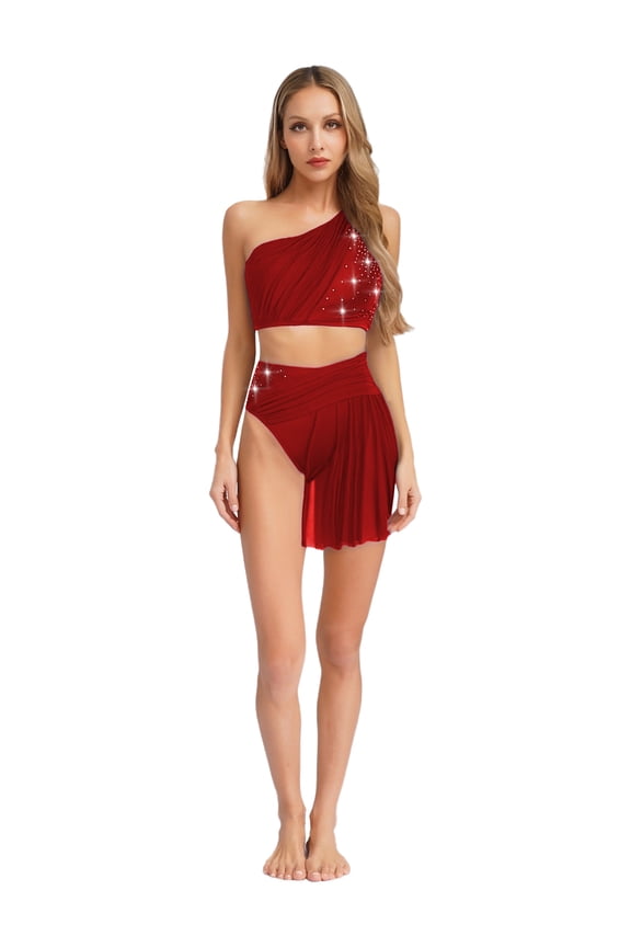 Womens Sequins 2 Pcs Lyrical Dance Outfit Crop Top Mesh Tulle Skirts Modern Contemporary Dancewear Burgundy S